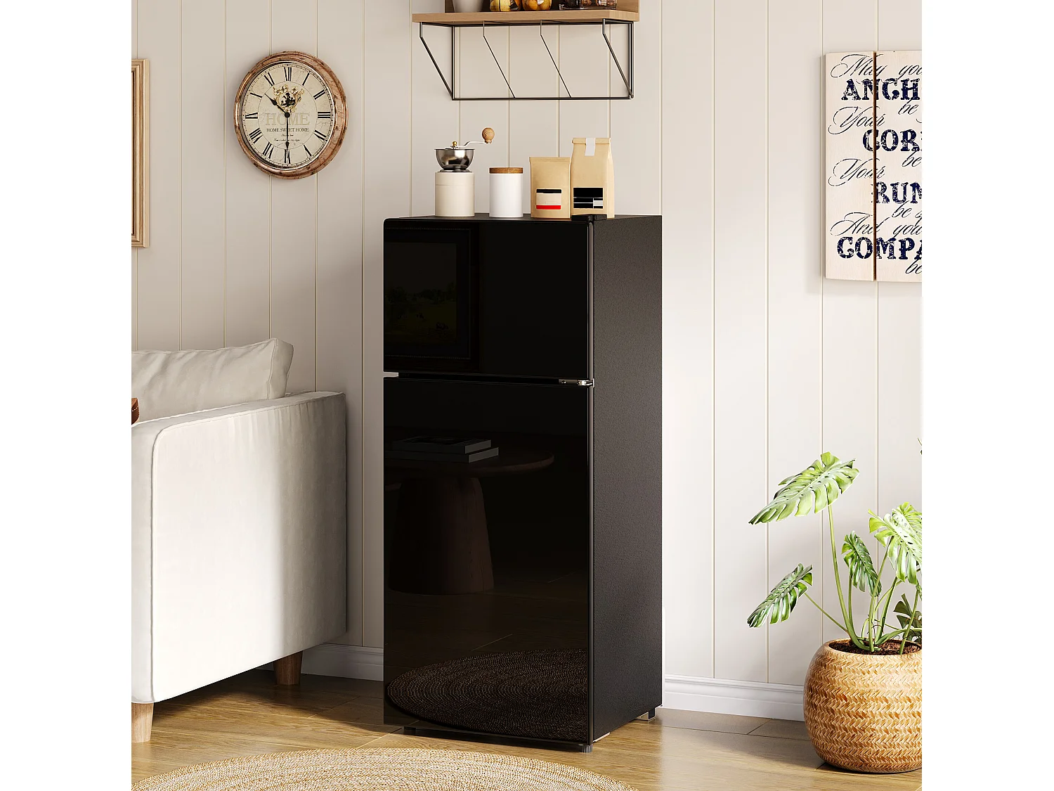 Mini geladeira de 92L com compartimento congelador (28L) + porta + LEDs - 42,5 x 44,5 x 102,5 cm - metal - preta