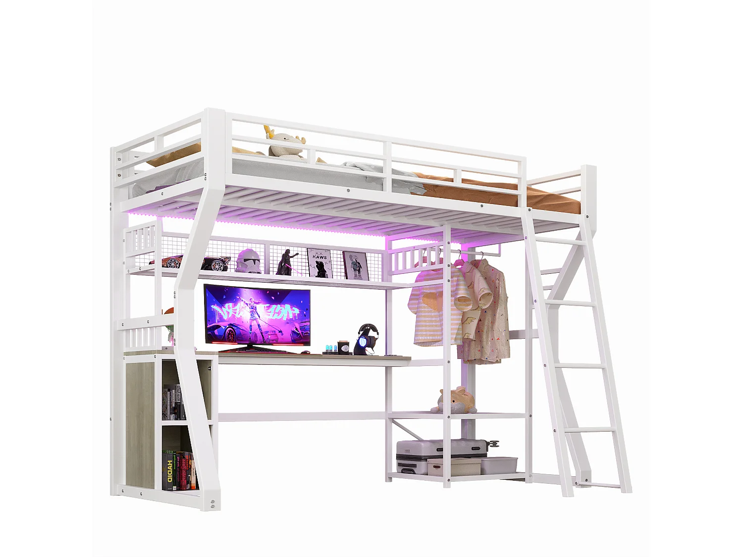 Lit mezzanine pour enfant - 90 x 200 cm - structure en fer - avec Leds + bureau + rangements + étagères - MDF + métal - blanc
