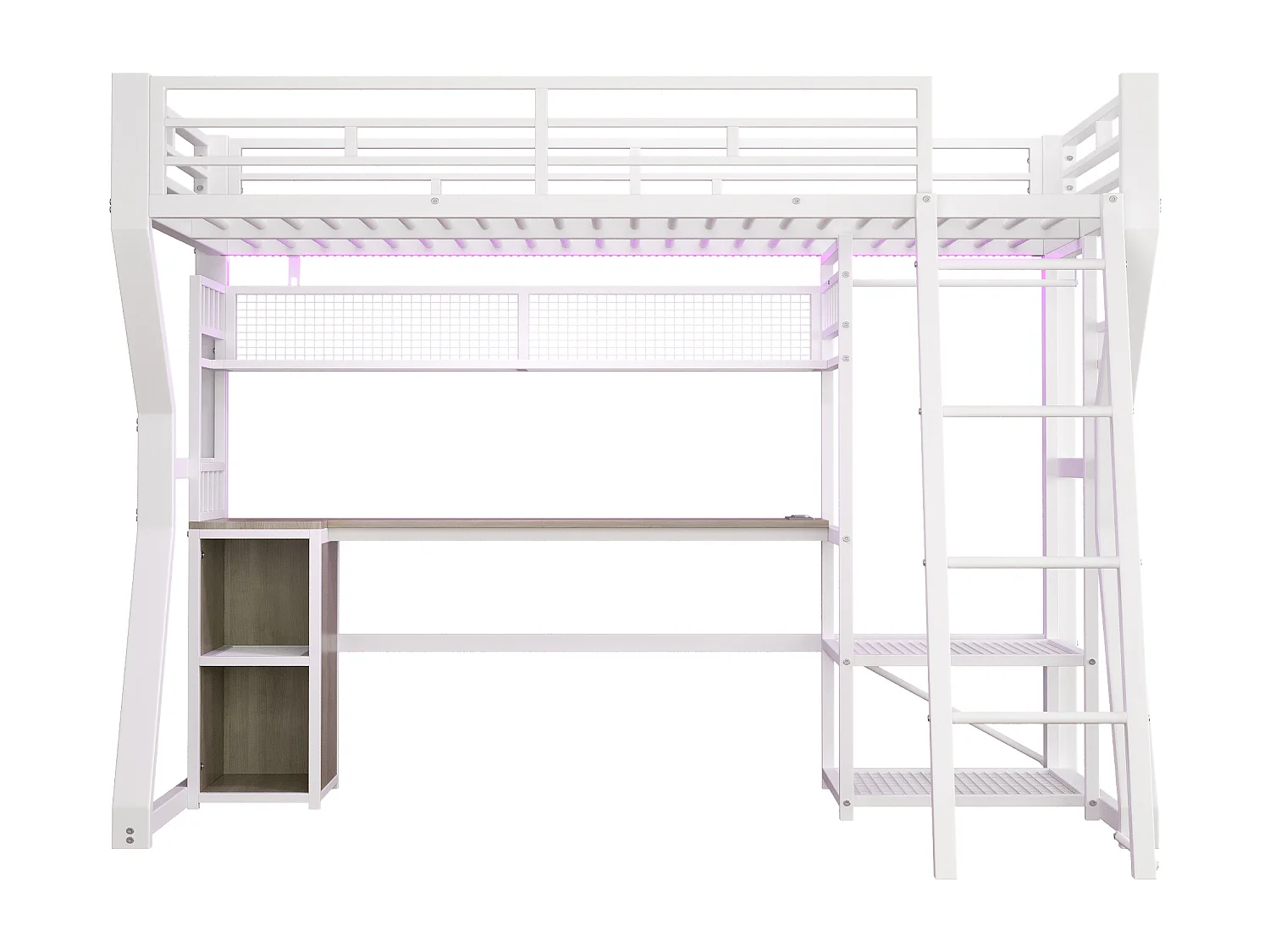 Lit mezzanine pour enfant - 90 x 200 cm - structure en fer - avec Leds + bureau + rangements + étagères - MDF + métal - blanc