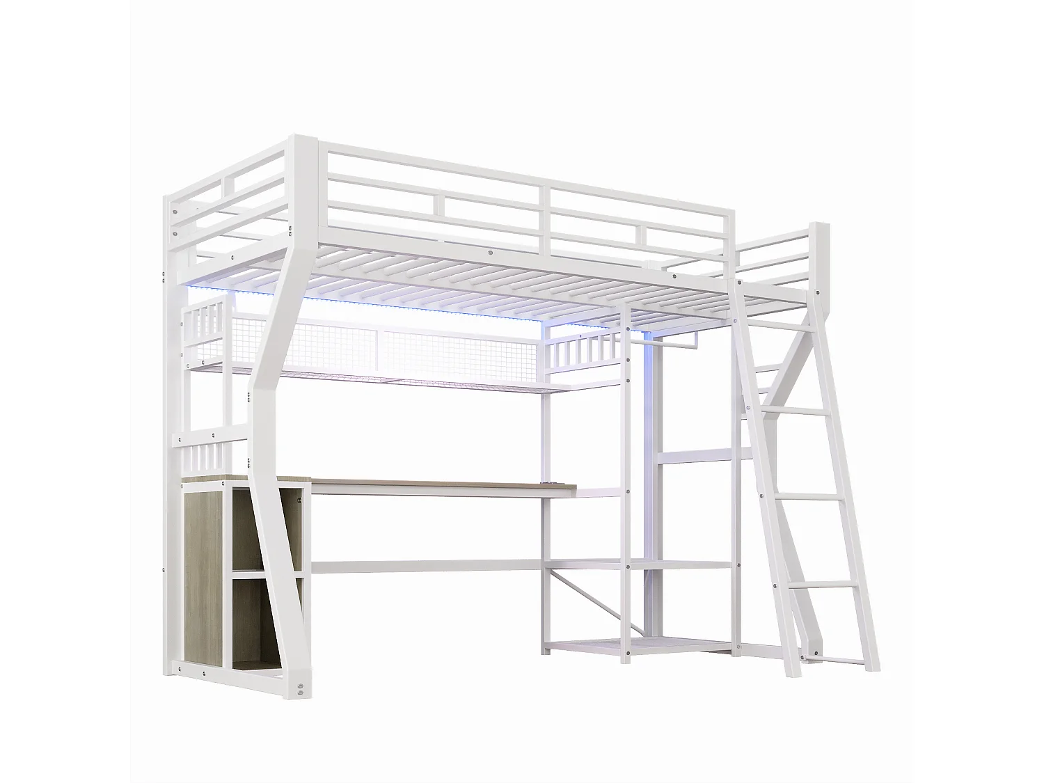 Lit mezzanine pour enfant - 90 x 200 cm - structure en fer - avec Leds + bureau + rangements + étagères - MDF + métal - blanc