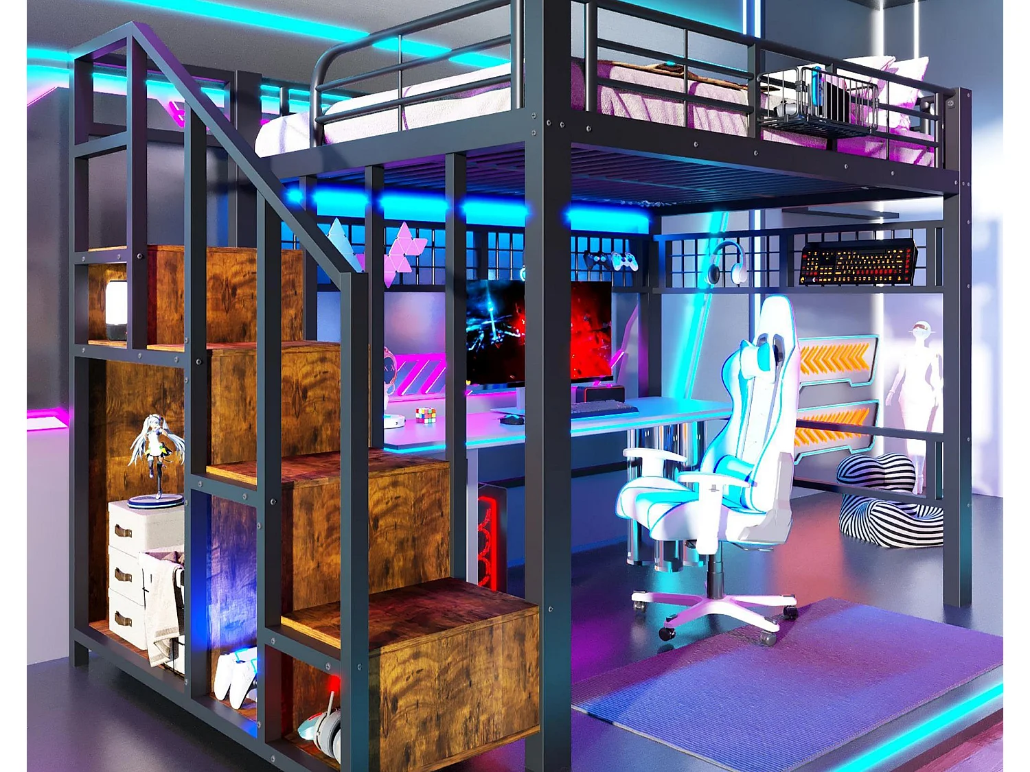 Lit mezzanine 140x200cm - avec filet suspendu - avec lumières LED - avec escalier de sécurité - noir (matelas non inclus)