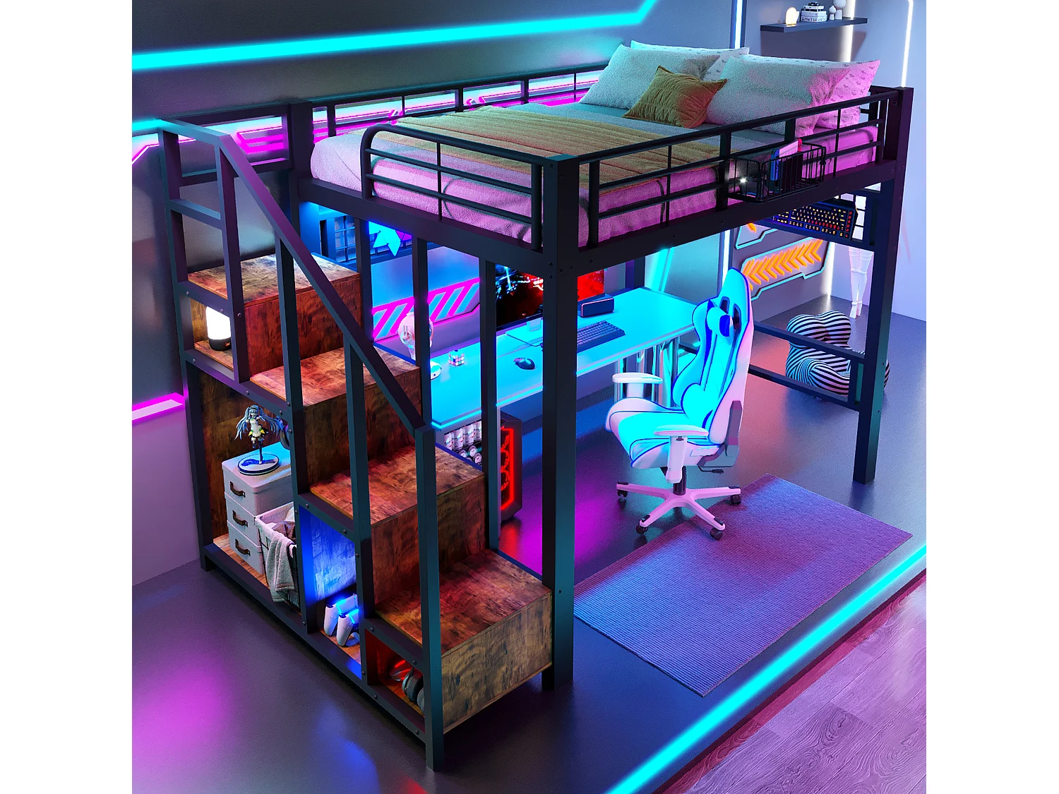 Lit mezzanine 140x200cm - avec filet suspendu - avec lumières LED - avec escalier de sécurité - noir (matelas non inclus)