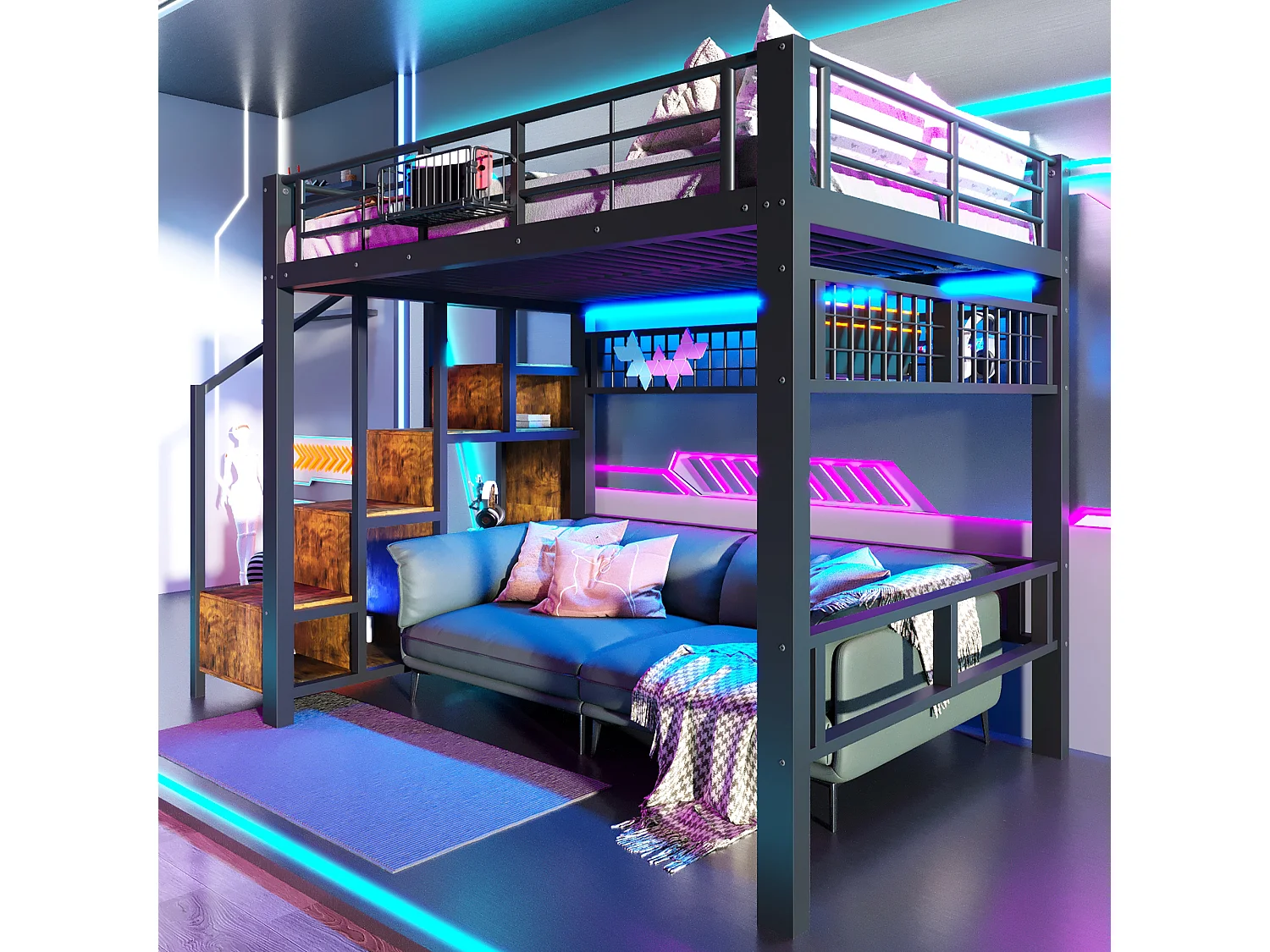 Lit mezzanine 140x200cm - avec filet suspendu - avec lumières LED - avec escalier de sécurité - noir (matelas non inclus)