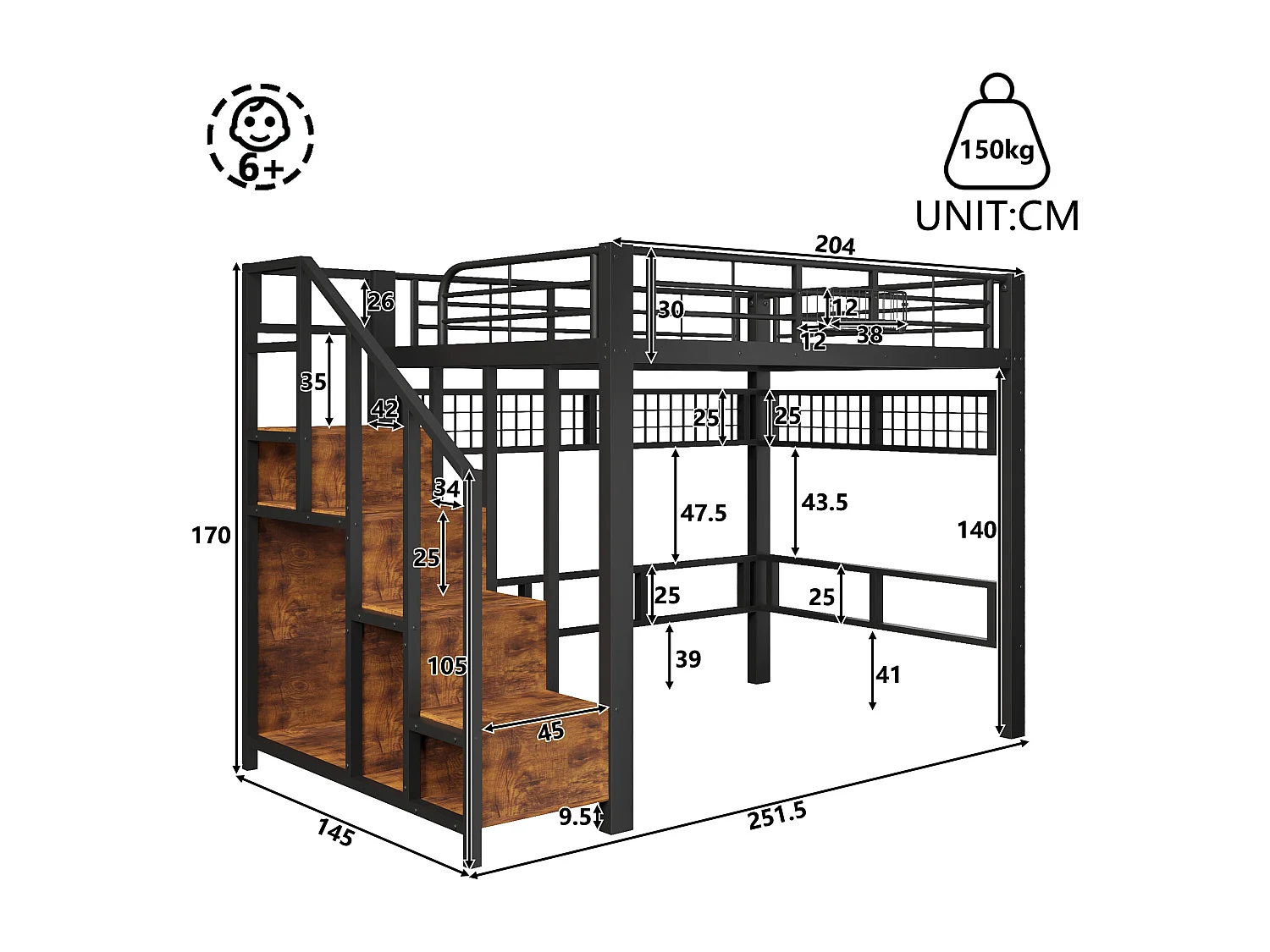 Lit mezzanine 140x200cm - avec filet suspendu - avec lumières LED - avec escalier de sécurité - noir (matelas non inclus)