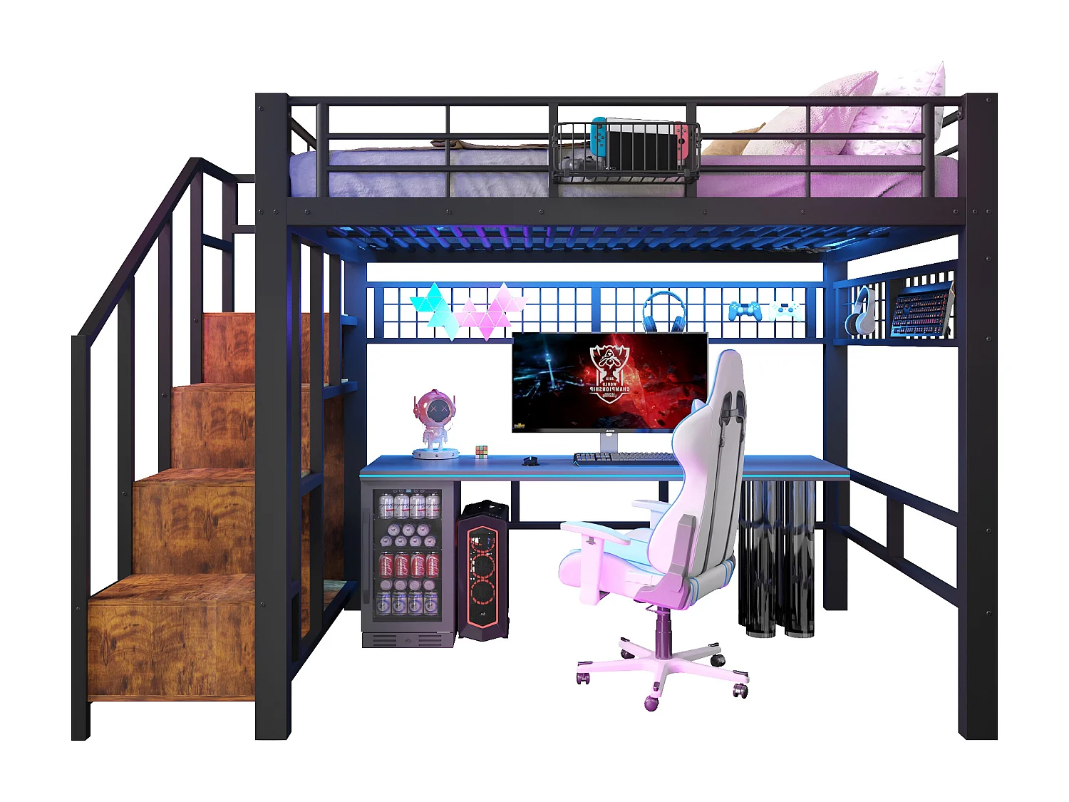 Lit mezzanine 140x200cm - avec filet suspendu - avec lumières LED - avec escalier de sécurité - noir (matelas non inclus)