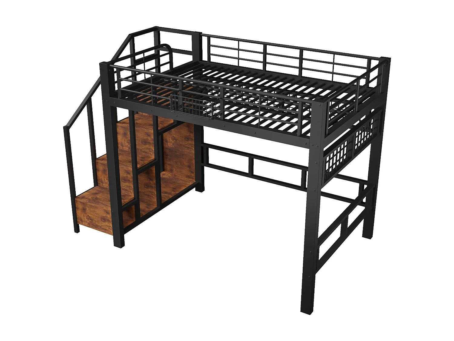 Lit mezzanine 140x200cm - avec filet suspendu - avec lumières LED - avec escalier de sécurité - noir (matelas non inclus)