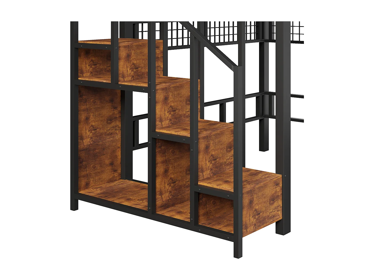 Lit mezzanine 140x200cm - avec filet suspendu - avec lumières LED - avec escalier de sécurité - noir (matelas non inclus)