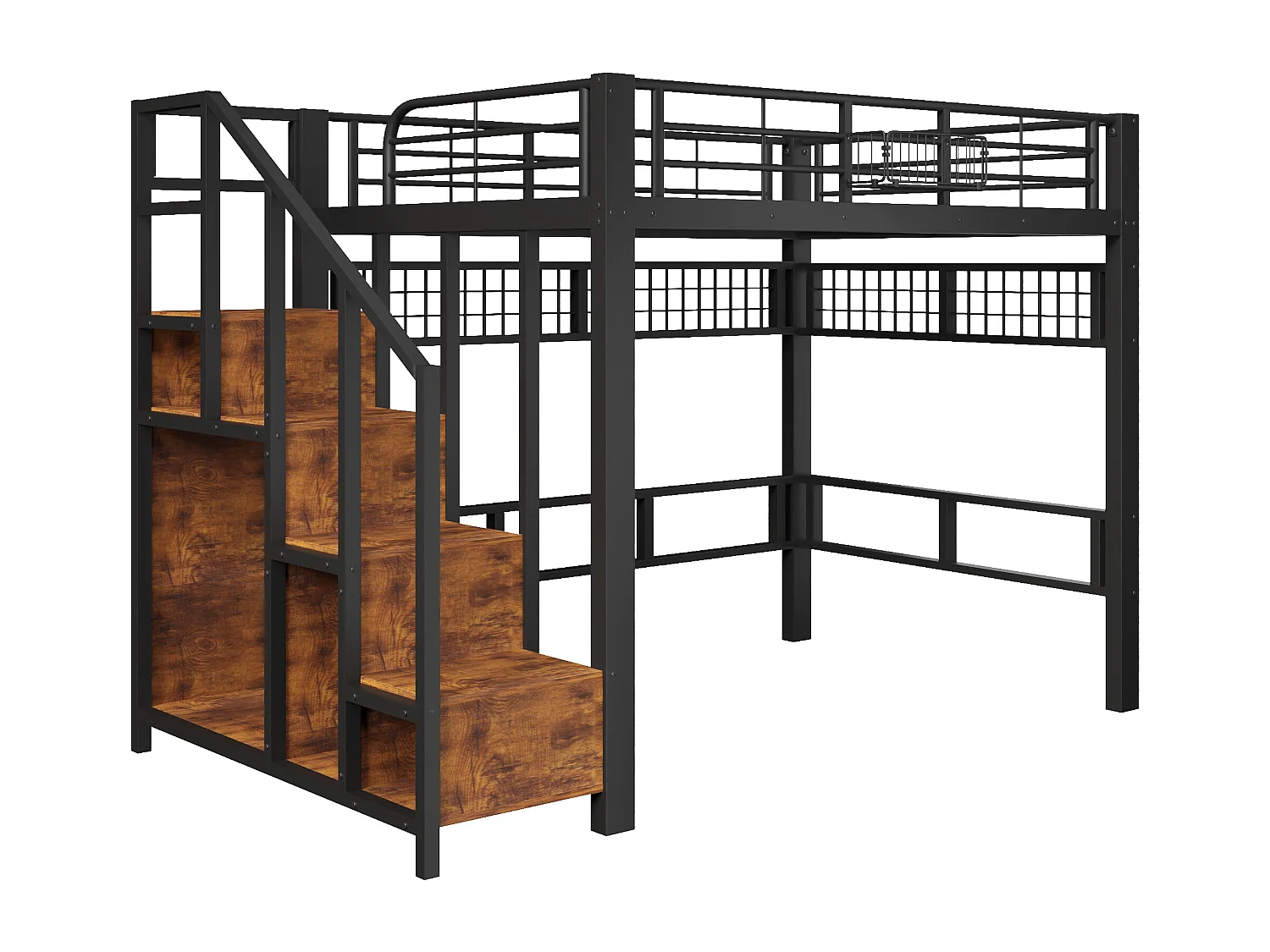 Lit mezzanine 140x200cm - avec filet suspendu - avec lumières LED - avec escalier de sécurité - noir (matelas non inclus)