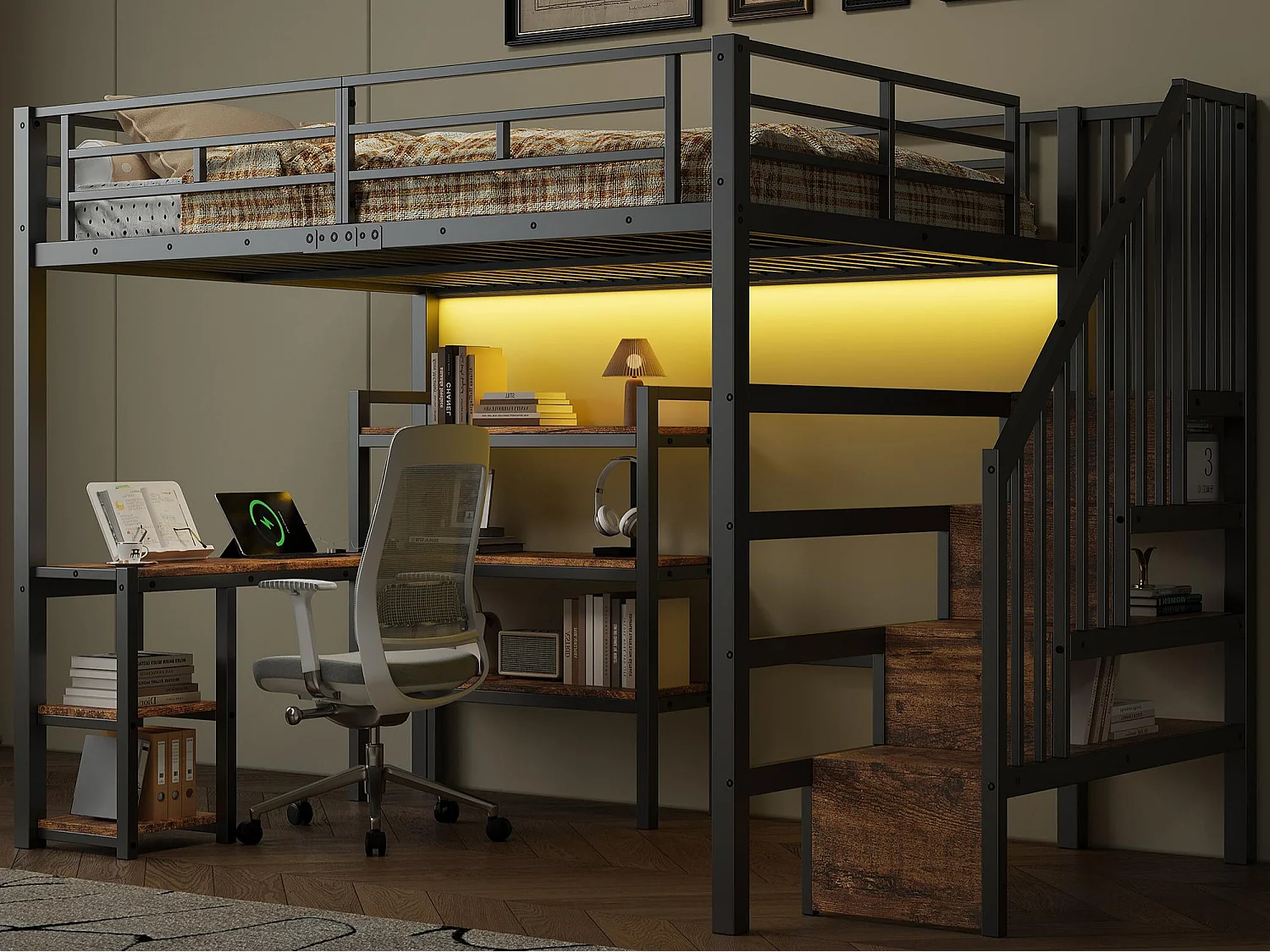 Lit mezzanine en métal 140x200 cm - Avec bureau et échelle de rangement - Port USB et éclairage LED - Noir (sanas matelas)