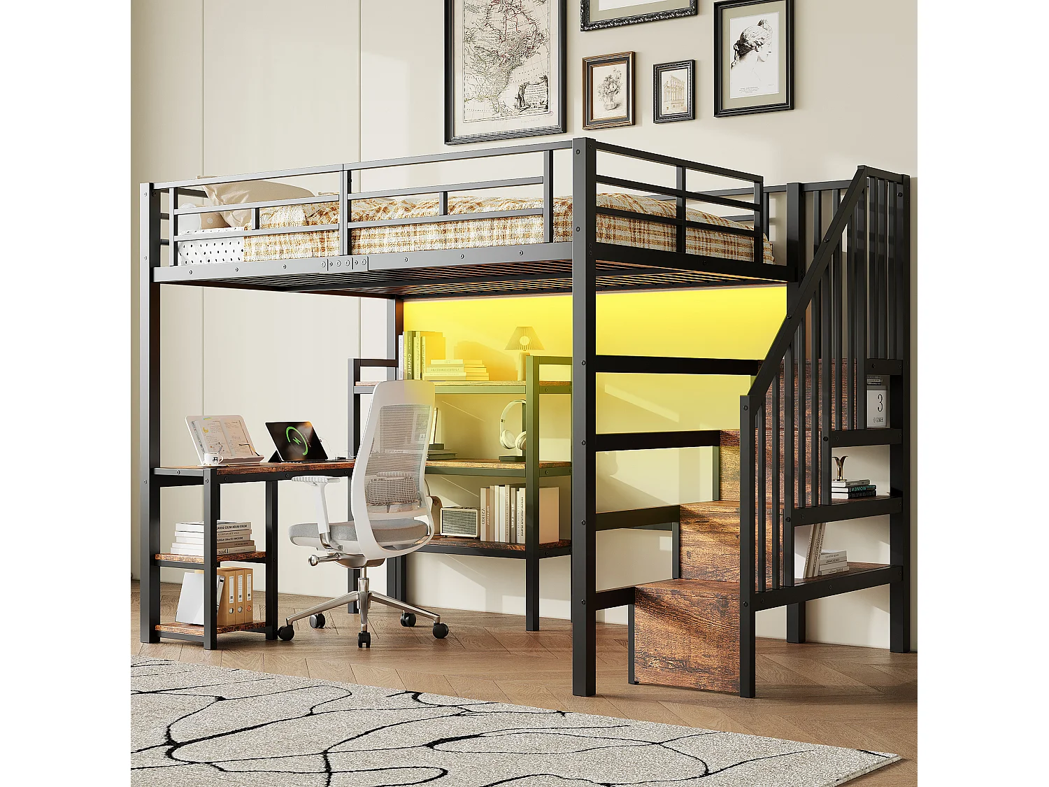 Lit mezzanine en métal 140x200 cm - Avec bureau et échelle de rangement - Port USB et éclairage LED - Noir (sanas matelas)