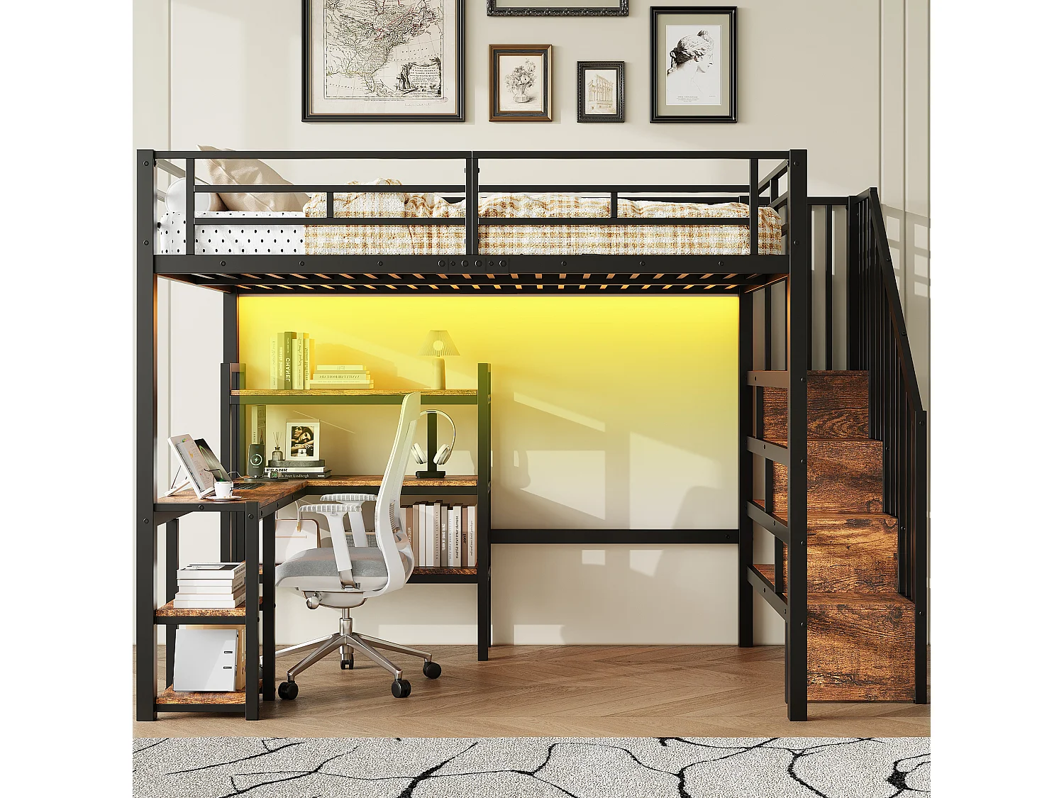 Lit mezzanine en métal 140x200 cm - Avec bureau et échelle de rangement - Port USB et éclairage LED - Noir (sanas matelas)