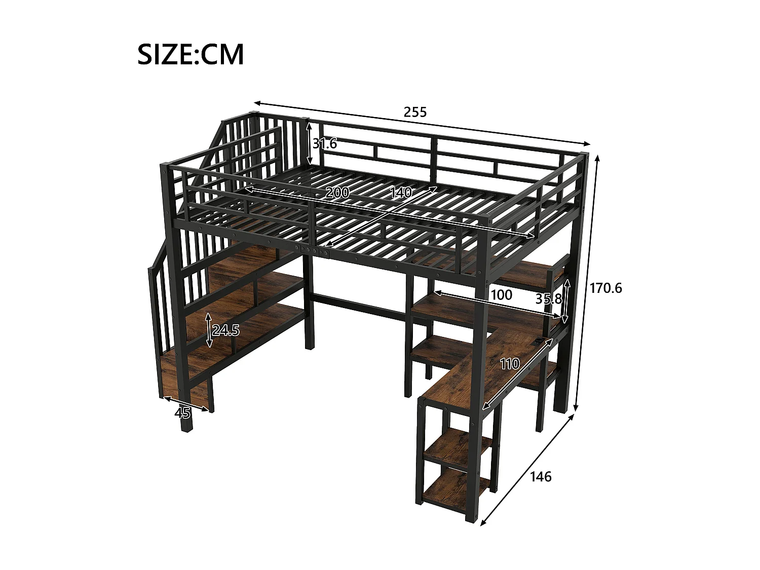 Lit mezzanine en métal 140x200 cm - Avec bureau et échelle de rangement - Port USB et éclairage LED - Noir (sanas matelas)