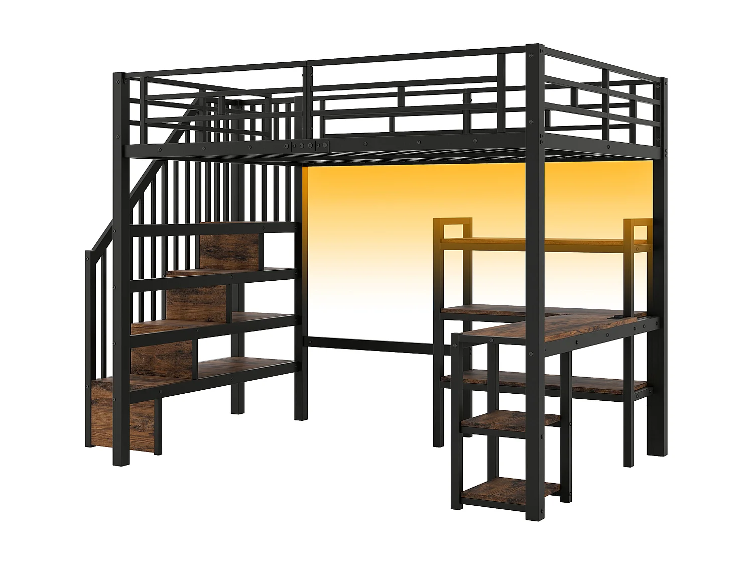 Lit mezzanine en métal 140x200 cm - Avec bureau et échelle de rangement - Port USB et éclairage LED - Noir (sanas matelas)