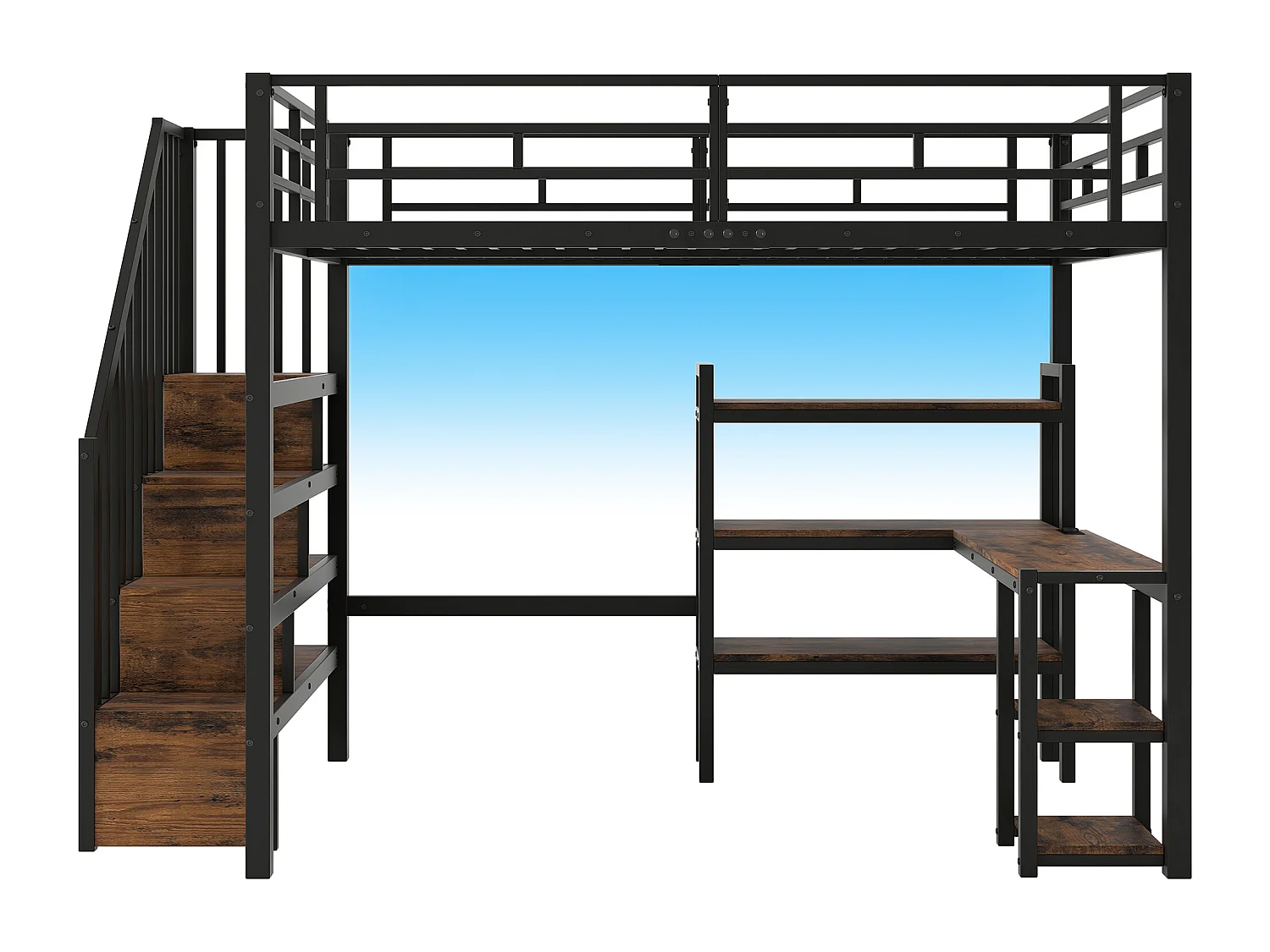 Lit mezzanine en métal 140x200 cm - Avec bureau et échelle de rangement - Port USB et éclairage LED - Noir (sanas matelas)