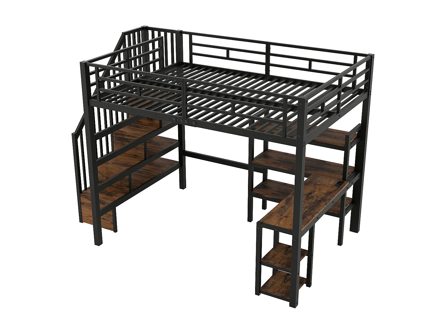 Lit mezzanine en métal 140x200 cm - Avec bureau et échelle de rangement - Port USB et éclairage LED - Noir (sanas matelas)