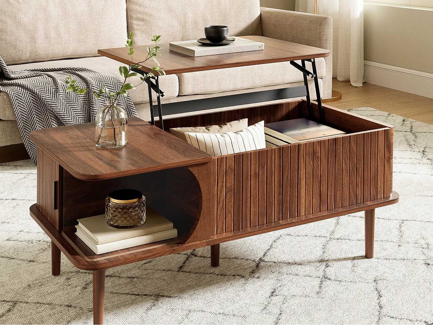 Retro-moderner höhenverstellbarer Beistelltisch 100x48x55,5 cm - Verstellbare Platte - 1 Schiebetür - Holzfüße - Braun