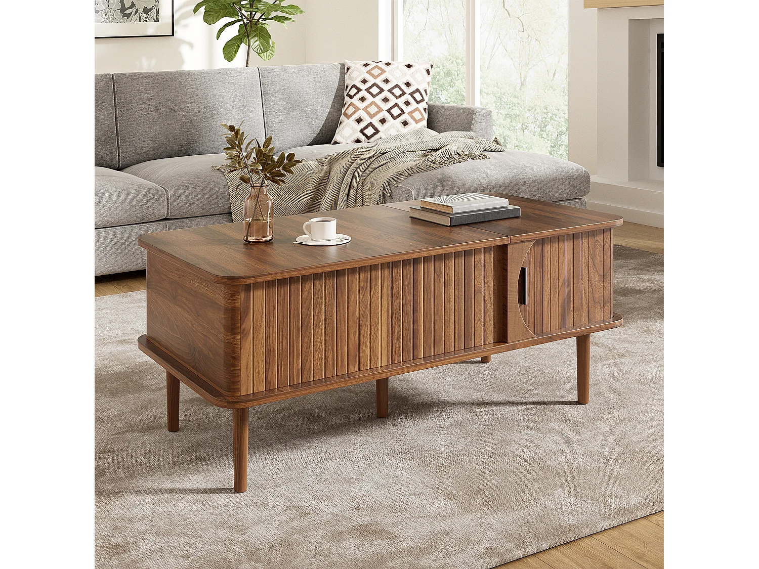 Retro-moderner höhenverstellbarer Beistelltisch 100x48x55,5 cm - Verstellbare Platte - 1 Schiebetür - Holzfüße - Braun