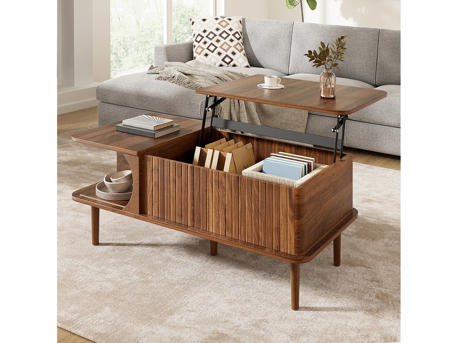 Retro-moderner höhenverstellbarer Beistelltisch 100x48x55,5 cm - Verstellbare Platte - 1 Schiebetür - Holzfüße - Braun