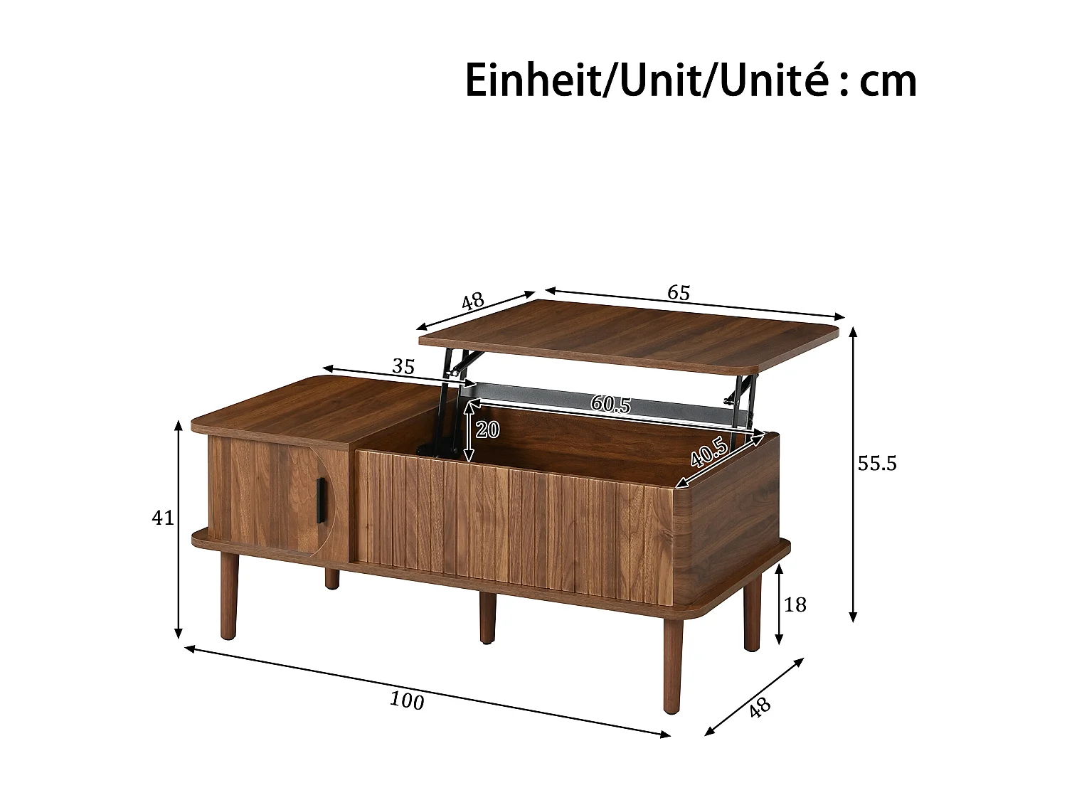 Retro-moderner höhenverstellbarer Beistelltisch 100x48x55,5 cm - Verstellbare Platte - 1 Schiebetür - Holzfüße - Braun