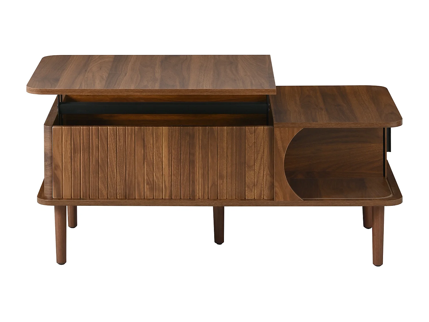 Retro-moderner höhenverstellbarer Beistelltisch 100x48x55,5 cm - Verstellbare Platte - 1 Schiebetür - Holzfüße - Braun