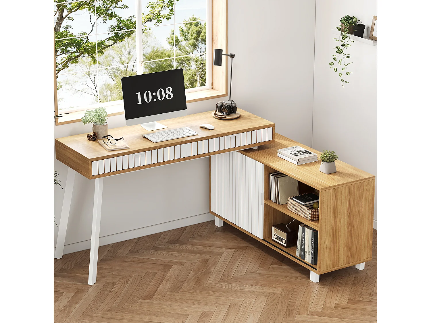 Minimalistischer L-förmiger Schreibtisch – 140 x 120 x 76,5 cm – Stahlbeine – mit 2 Schubladen + Türen + Ablagen – MDF + Metall – natur