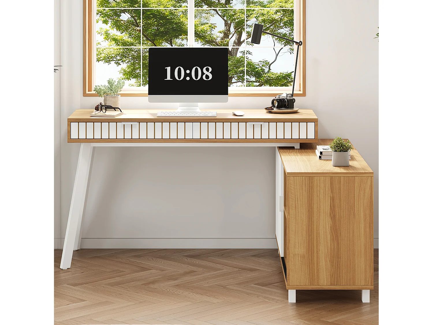 Minimalistischer L-förmiger Schreibtisch – 140 x 120 x 76,5 cm – Stahlbeine – mit 2 Schubladen + Türen + Ablagen – MDF + Metall – natur