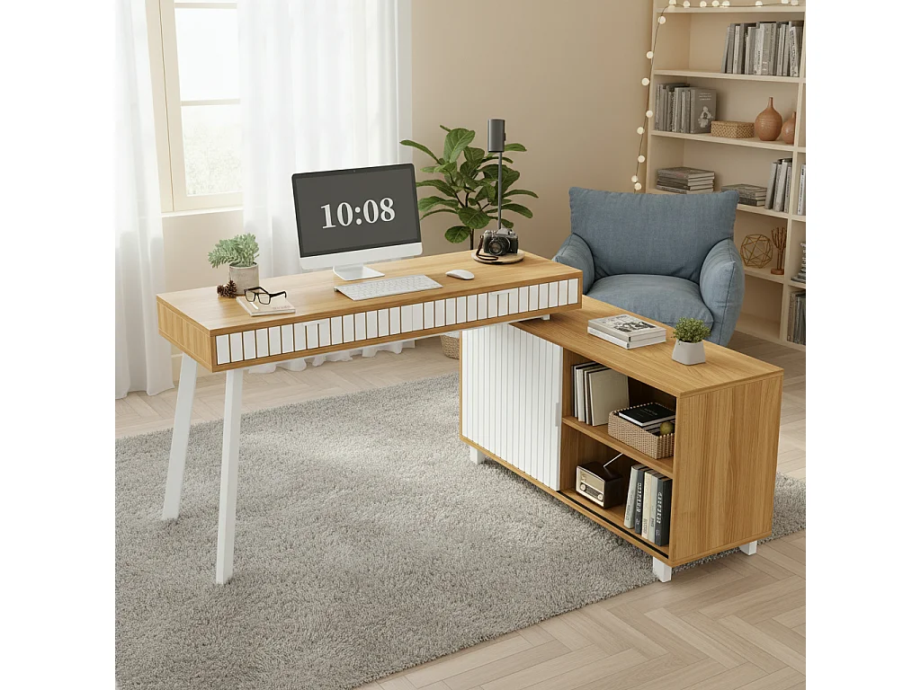 Minimalistischer L-förmiger Schreibtisch – 140 x 120 x 76,5 cm – Stahlbeine – mit 2 Schubladen + Türen + Ablagen – MDF + Metall – natur