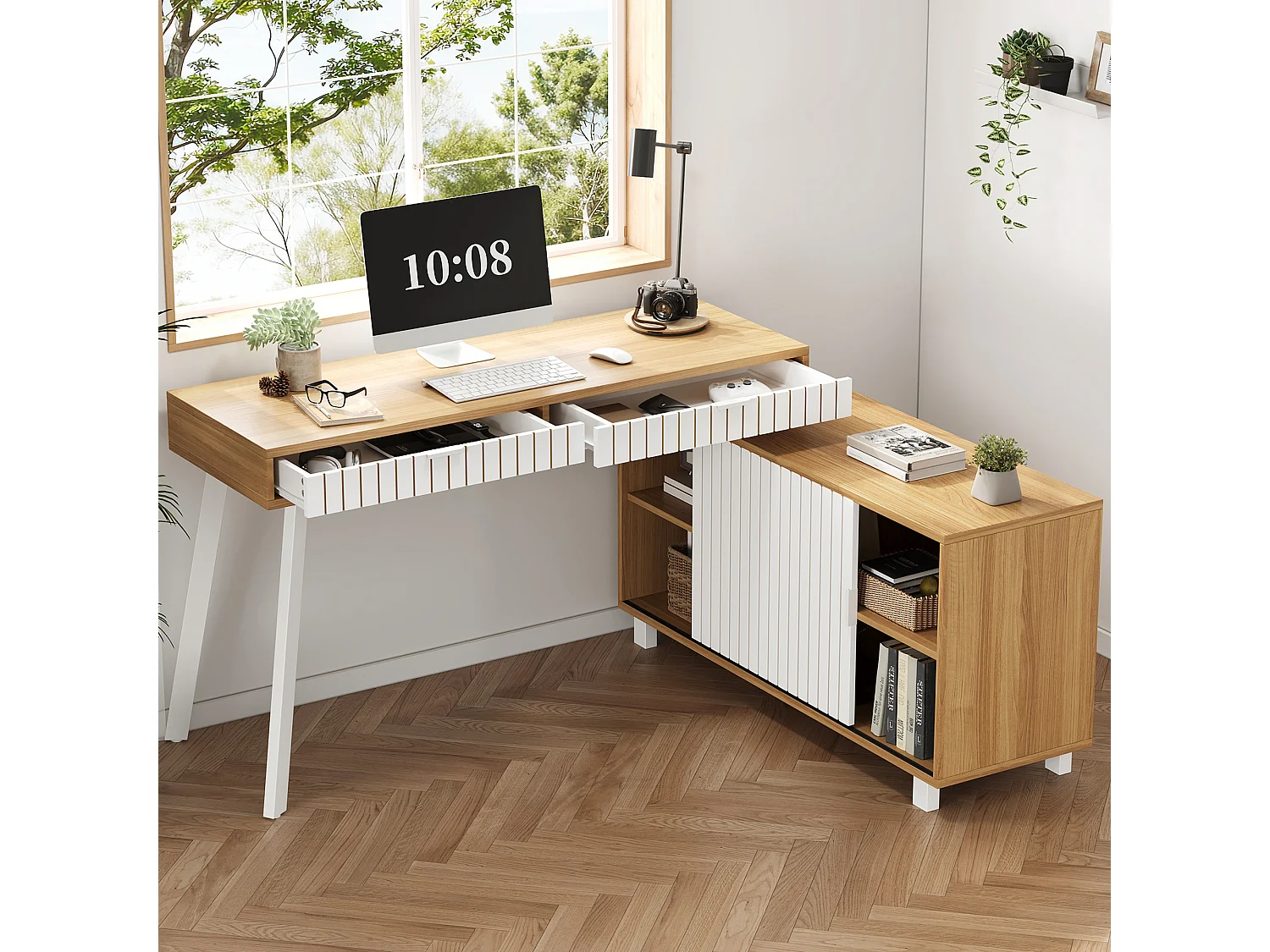 Minimalistischer L-förmiger Schreibtisch – 140 x 120 x 76,5 cm – Stahlbeine – mit 2 Schubladen + Türen + Ablagen – MDF + Metall – natur