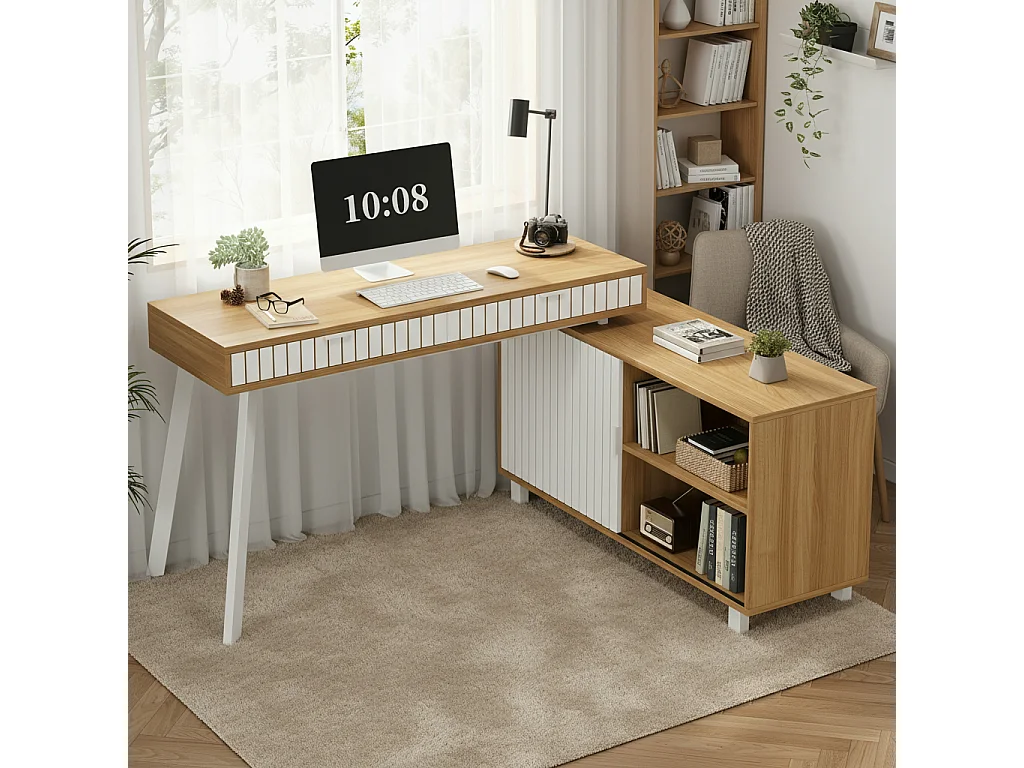 Minimalistischer L-förmiger Schreibtisch – 140 x 120 x 76,5 cm – Stahlbeine – mit 2 Schubladen + Türen + Ablagen – MDF + Metall – natur