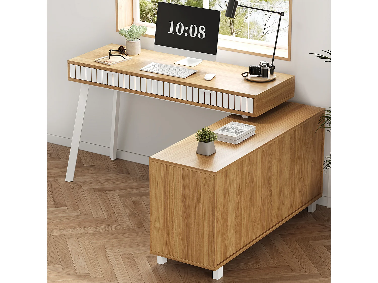 Minimalistischer L-förmiger Schreibtisch – 140 x 120 x 76,5 cm – Stahlbeine – mit 2 Schubladen + Türen + Ablagen – MDF + Metall – natur