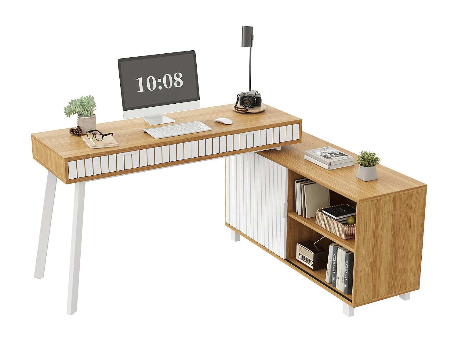 Minimalistischer L-förmiger Schreibtisch – 140 x 120 x 76,5 cm – Stahlbeine – mit 2 Schubladen + Türen + Ablagen – MDF + Metall – natur