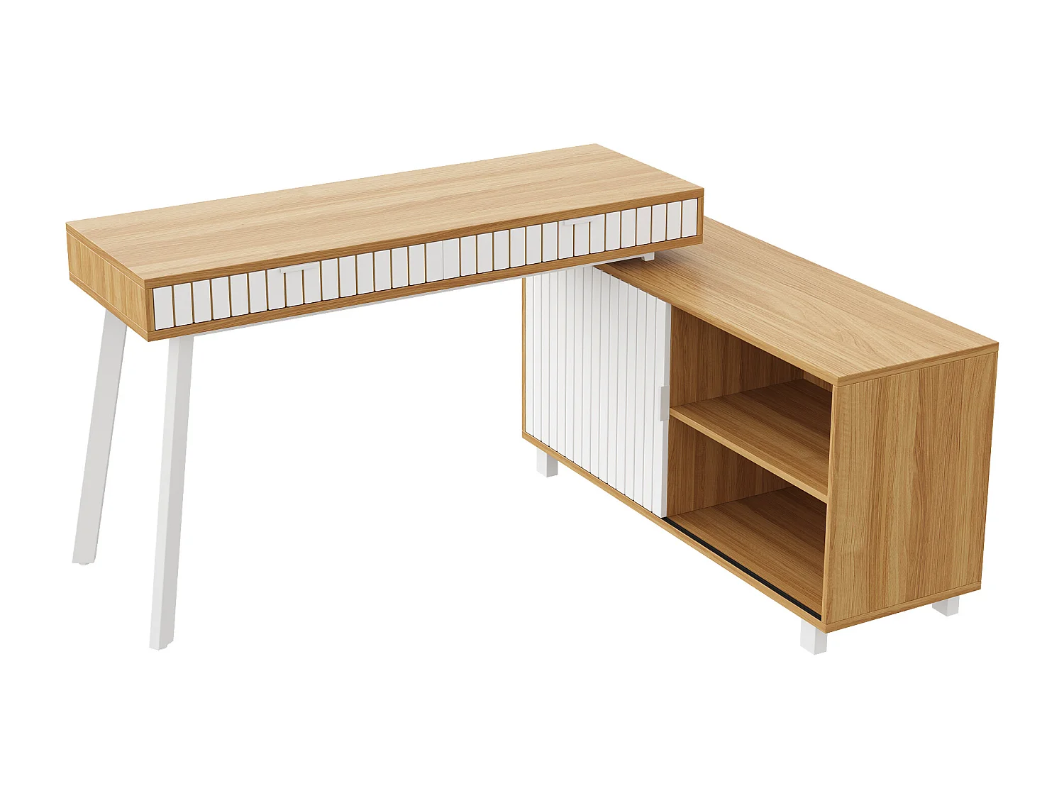 Minimalistischer L-förmiger Schreibtisch – 140 x 120 x 76,5 cm – Stahlbeine – mit 2 Schubladen + Türen + Ablagen – MDF + Metall – natur