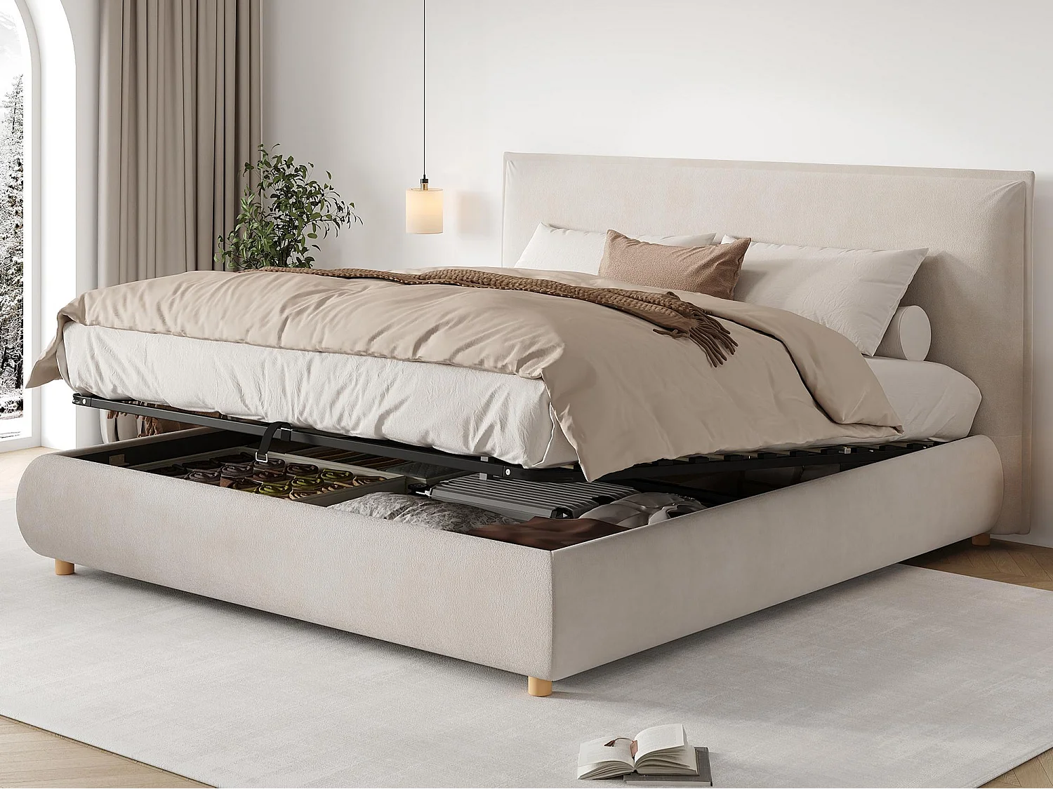 Lit coffre capitonné 180x200 cm - Tête de lit capitonnée - Rangement sous le lit - Pieds en bois massif -  En velours - Beige