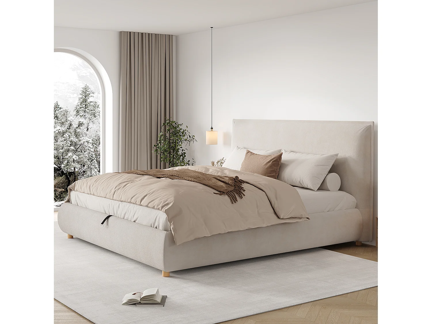Lit coffre capitonné 180x200 cm - Tête de lit capitonnée - Rangement sous le lit - Pieds en bois massif -  En velours - Beige