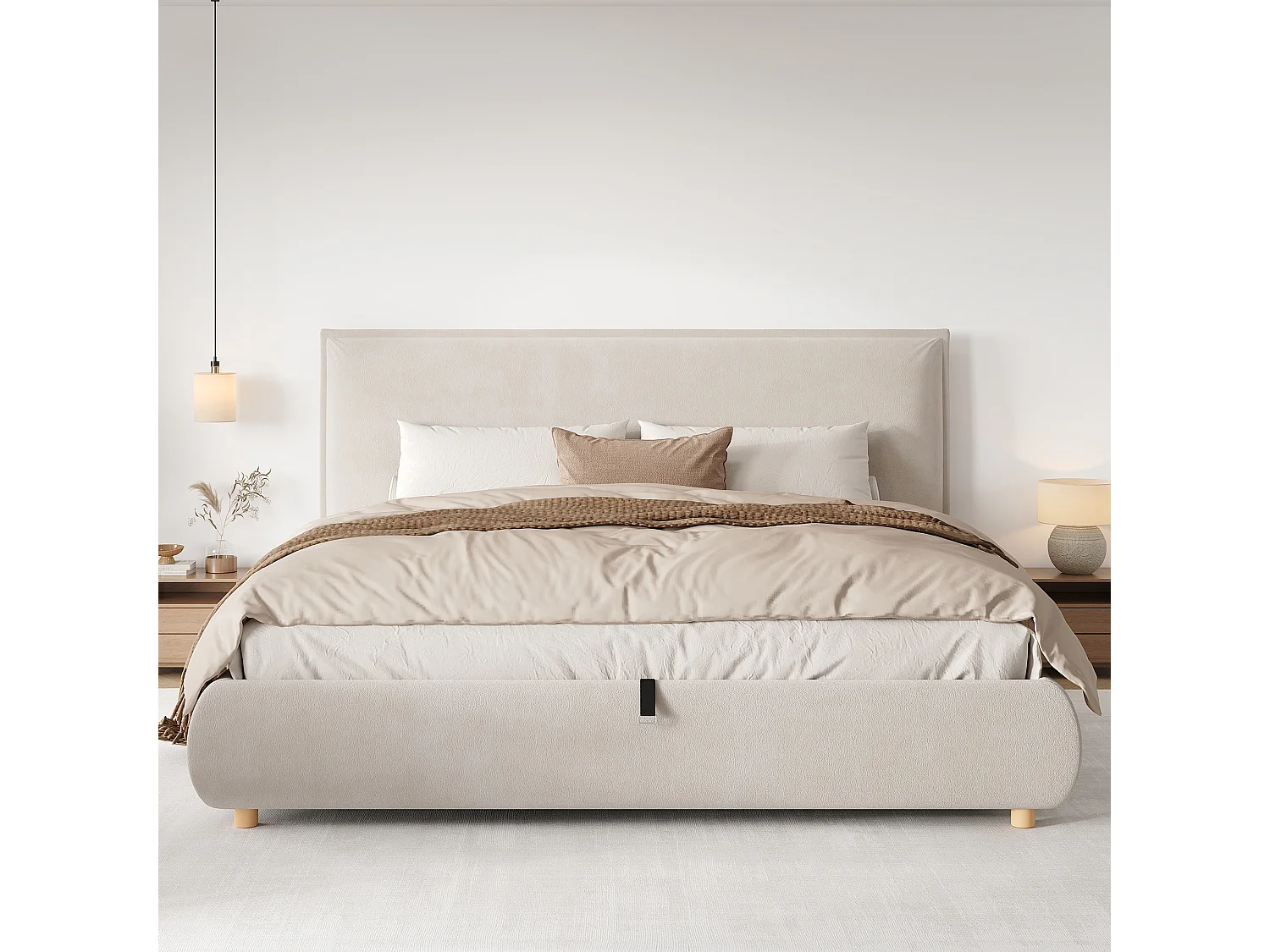 Lit coffre capitonné 180x200 cm - Tête de lit capitonnée - Rangement sous le lit - Pieds en bois massif -  En velours - Beige