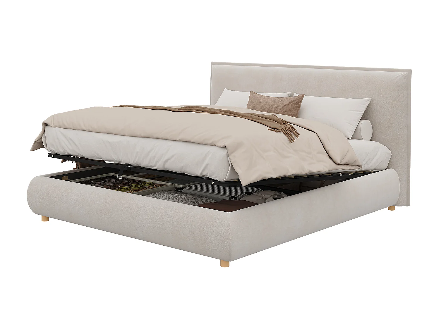 Lit coffre capitonné 180x200 cm - Tête de lit capitonnée - Rangement sous le lit - Pieds en bois massif -  En velours - Beige