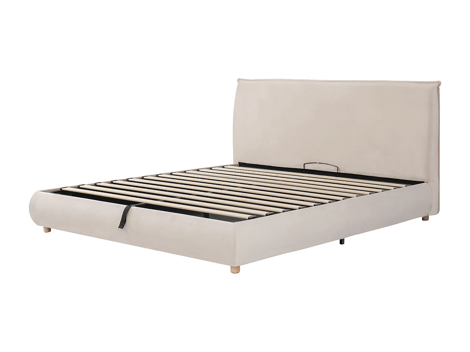 Lit coffre capitonné 180x200 cm - Tête de lit capitonnée - Rangement sous le lit - Pieds en bois massif -  En velours - Beige
