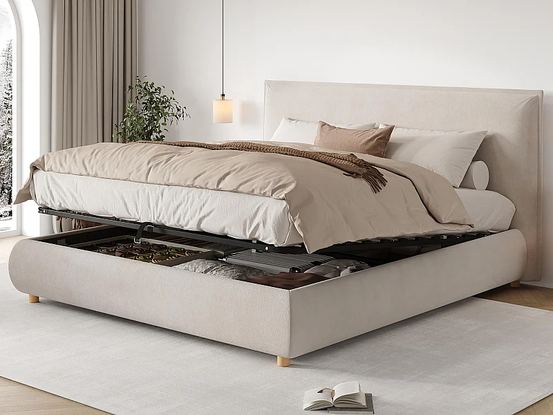 Gestoffeerd opbergbed 180x200 cm - Gestoffeerd hoofdeinde - Opbergruimte onder het bed - Massief houten poten - In fluweel - Beige
