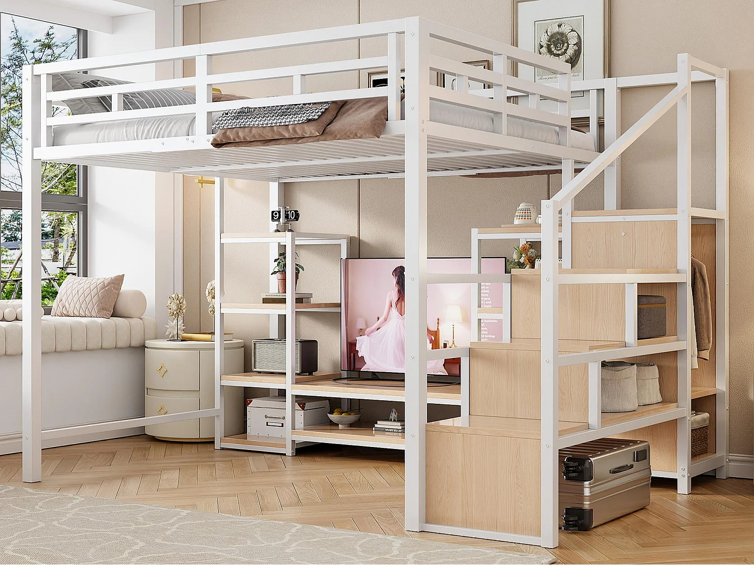 Lit mezzanine 140x200 - Avec prise électrique - Avec compartiments de rangement - Avec échelle de rangement - Blanc (matelas non inclus)