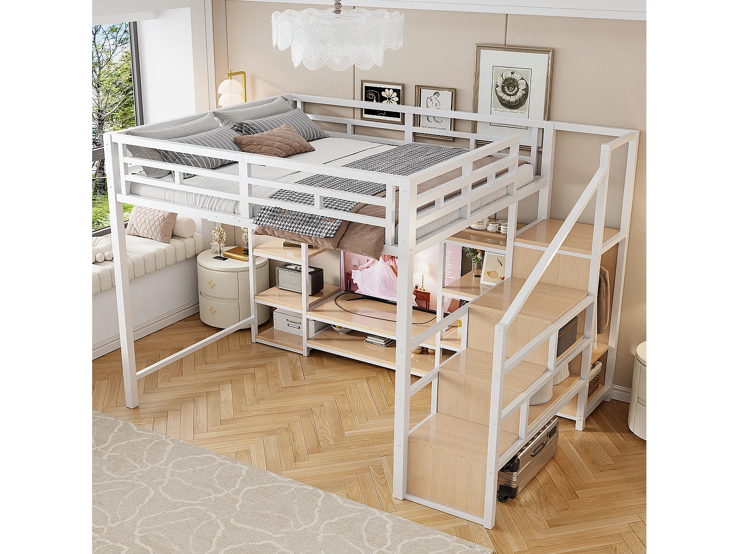 Lit mezzanine 140x200 - Avec prise électrique - Avec compartiments de rangement - Avec échelle de rangement - Blanc (matelas non inclus)