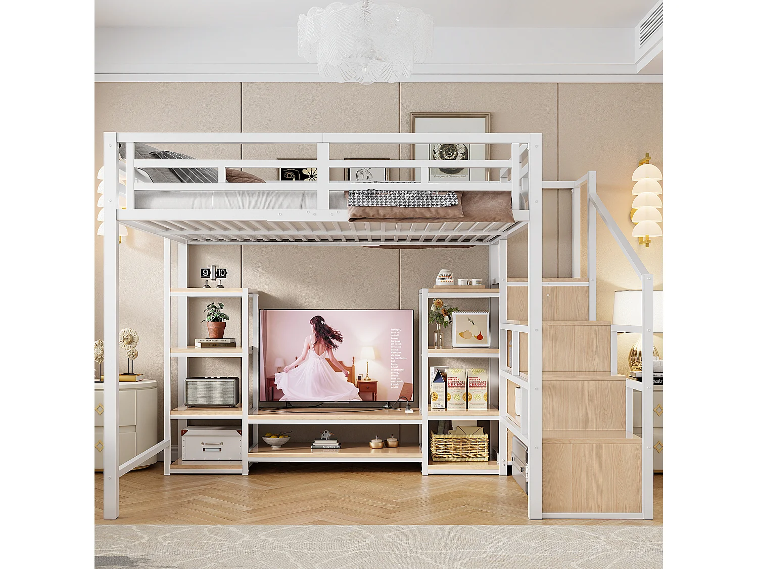 Lit mezzanine 140x200 - Avec prise électrique - Avec compartiments de rangement - Avec échelle de rangement - Blanc (matelas non inclus)