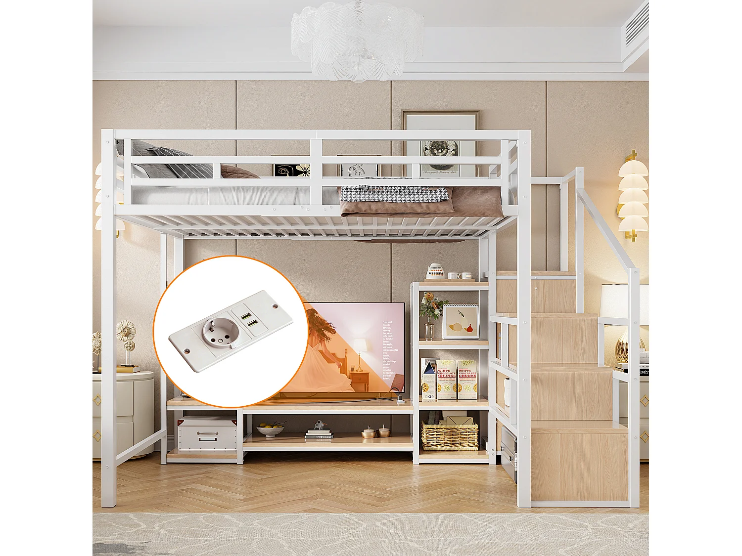 Lit mezzanine 140x200 - Avec prise électrique - Avec compartiments de rangement - Avec échelle de rangement - Blanc (matelas non inclus)