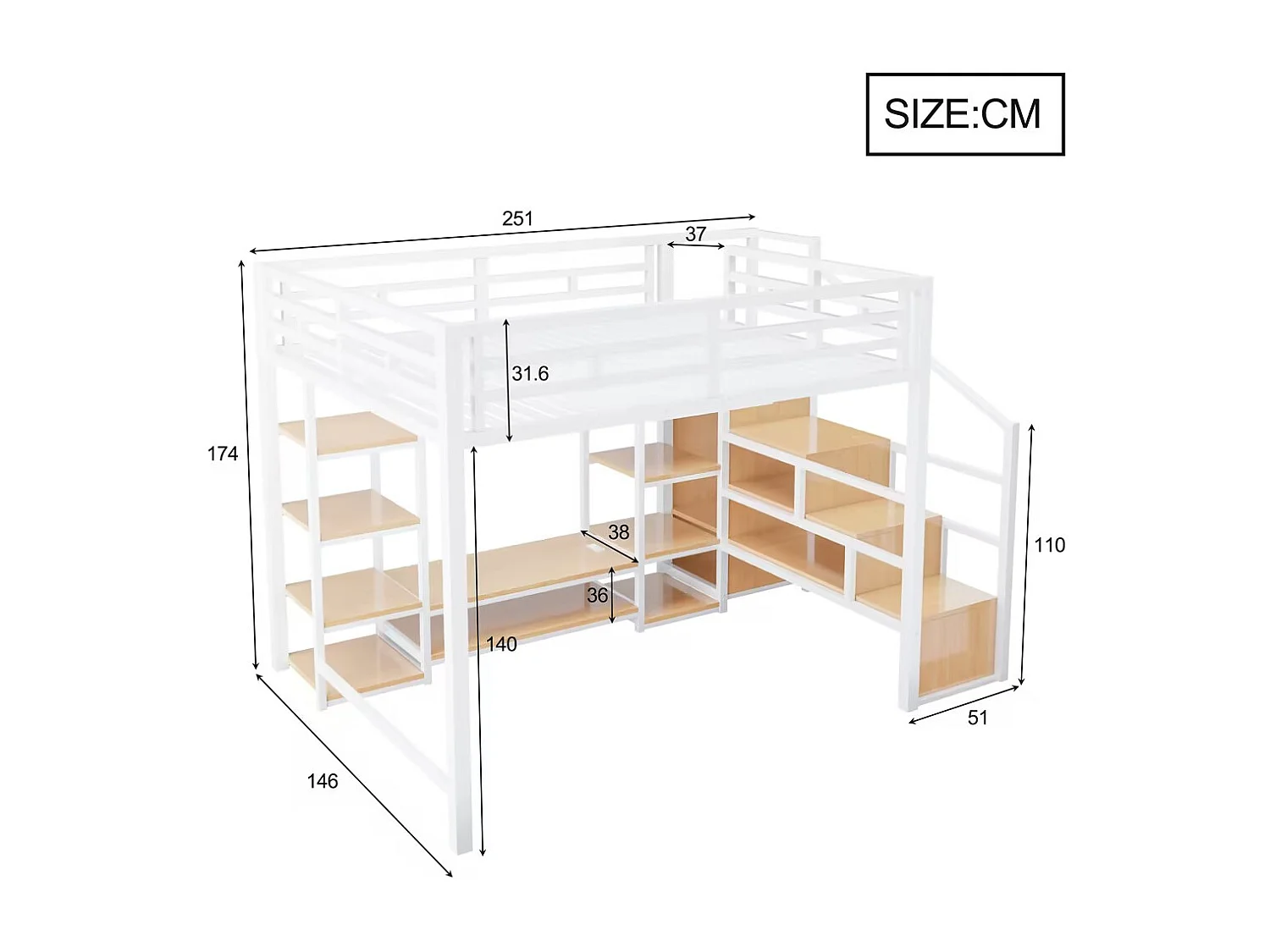 Lit mezzanine 140x200 - Avec prise électrique - Avec compartiments de rangement - Avec échelle de rangement - Blanc (matelas non inclus)