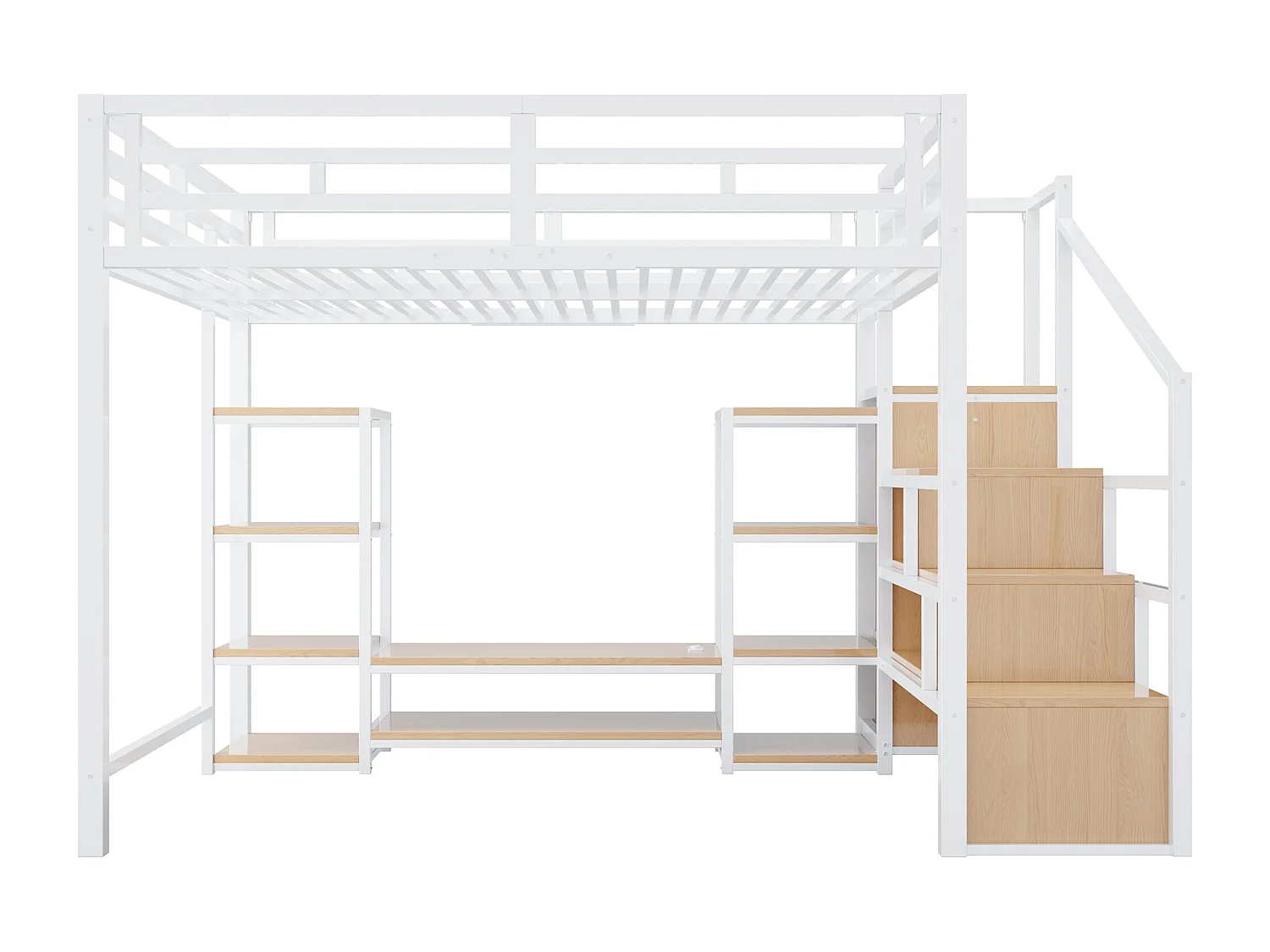 Lit mezzanine 140x200 - Avec prise électrique - Avec compartiments de rangement - Avec échelle de rangement - Blanc (matelas non inclus)