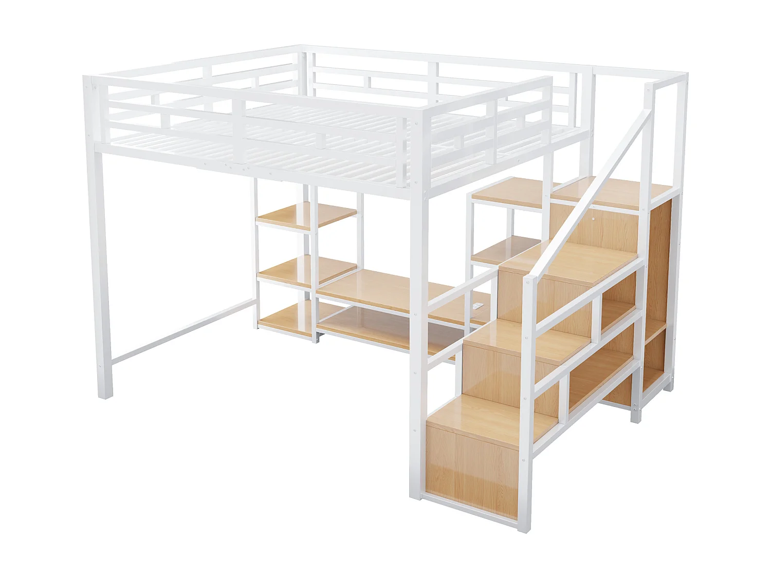Lit mezzanine 140x200 - Avec prise électrique - Avec compartiments de rangement - Avec échelle de rangement - Blanc (matelas non inclus)