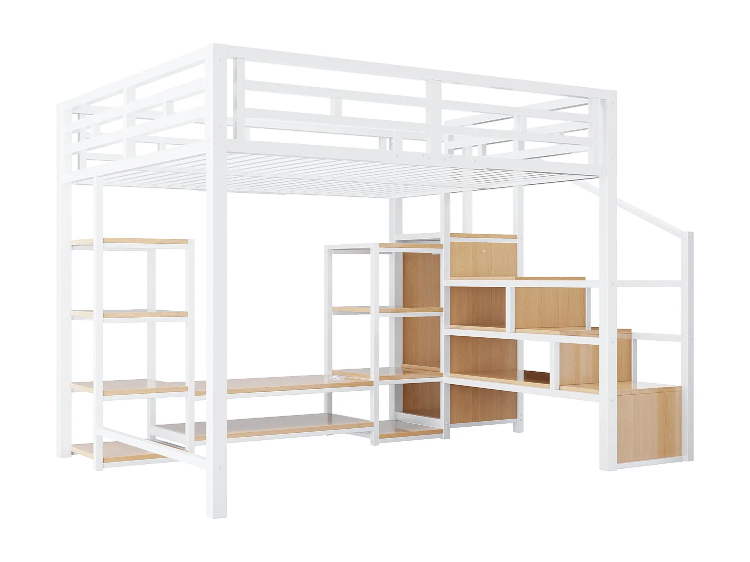 Lit mezzanine 140x200 - Avec prise électrique - Avec compartiments de rangement - Avec échelle de rangement - Blanc (matelas non inclus)