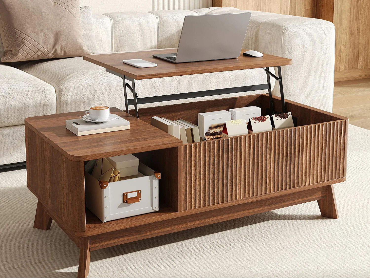 Höhenverstellbarer Beistelltisch 95x48x50 cm - Wellen-Design - Offene Seiten-Staufächer - MDF - Braun