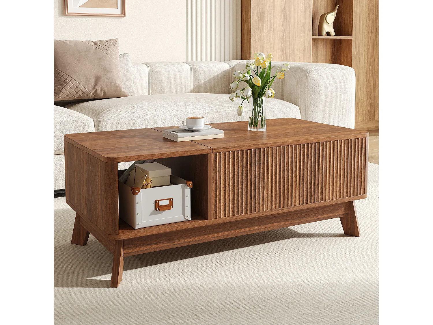 Höhenverstellbarer Beistelltisch 95x48x50 cm - Wellen-Design - Offene Seiten-Staufächer - MDF - Braun