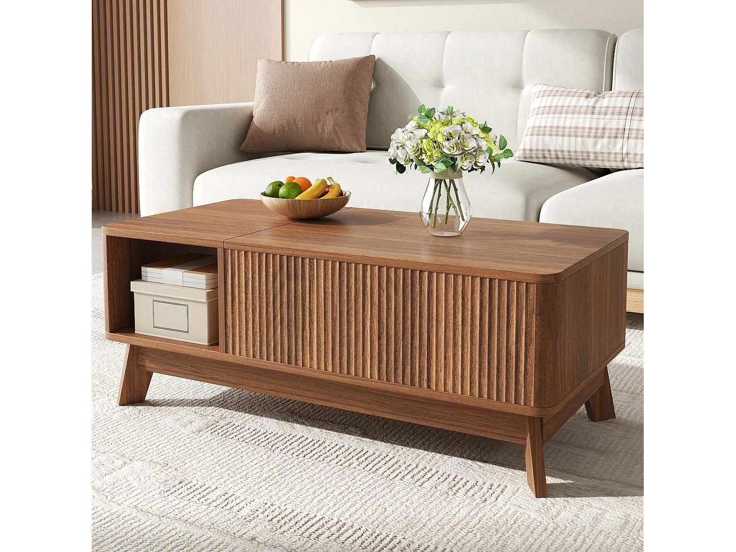 Höhenverstellbarer Beistelltisch 95x48x50 cm - Wellen-Design - Offene Seiten-Staufächer - MDF - Braun