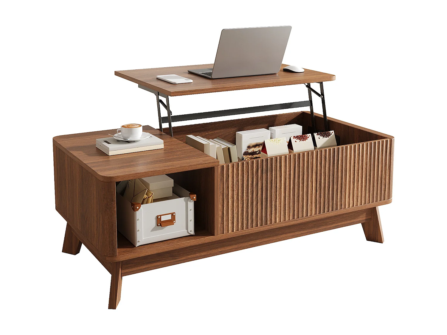 Höhenverstellbarer Beistelltisch 95x48x50 cm - Wellen-Design - Offene Seiten-Staufächer - MDF - Braun